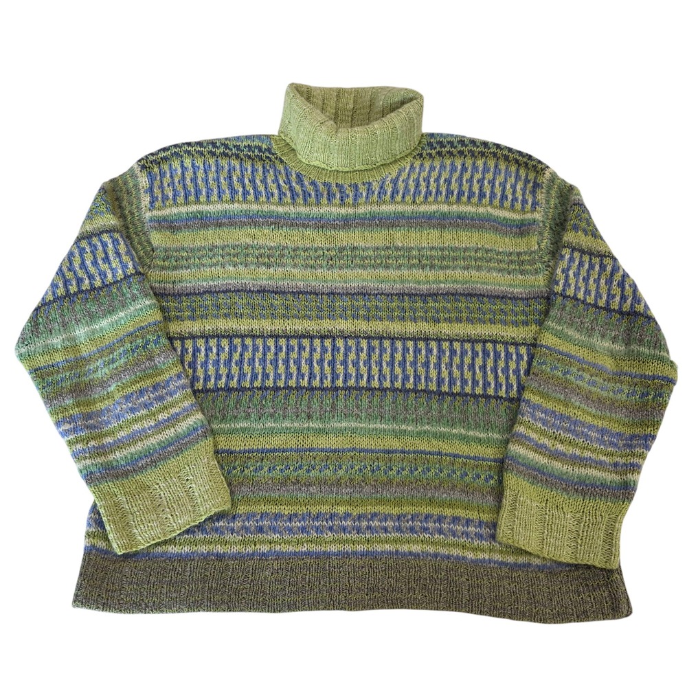 Sigrid Olsen Green and Blue Striped Turtleneck Sweater